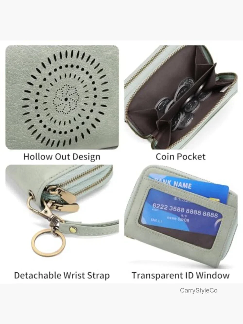 Leather Credit Card Holder Wristlet RFID Blocking Double Zipper with ID Window